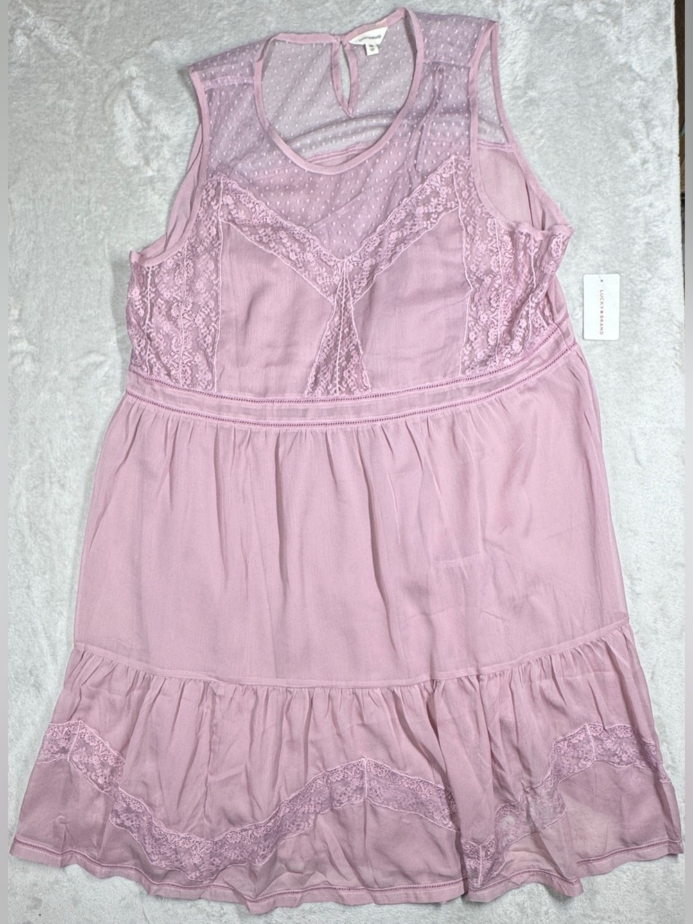 NWT Lucky Brand Mauve Shadows Dusty Pink Lace Mesh Tiered Mini Dress Size XXL